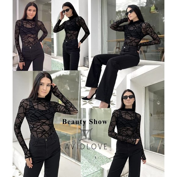 Women's Turtleneck Bodysuit Sheer Mesh Shirt Tops Stretchy Mesh Fitted Shirt Top - Picture 5 of 6